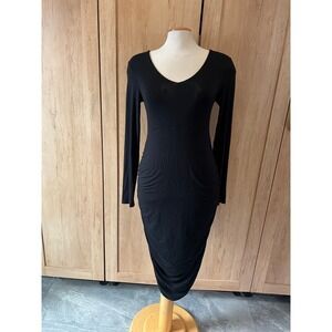 Thyme Maternity Black Long Sleeve Ruched Midi Bodycon Dress Small T15-65213F
